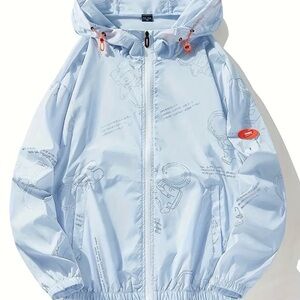 Light Blue Hooded Jacket with Orange Accents